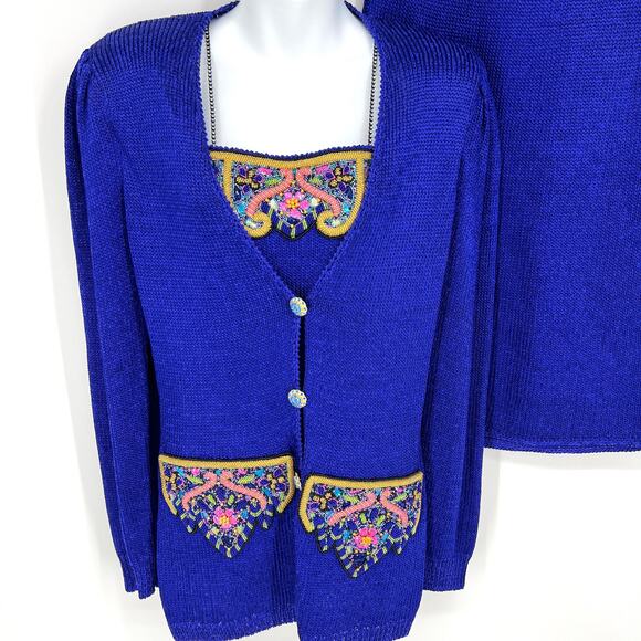 Vintage Elizabeth New York Blue Purple Embellished 3 Piece Wool Knit Set Size M - Picture 1 of 13